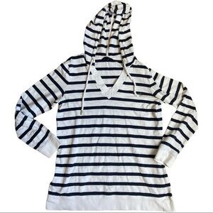 Tommy Hilfiger size Large long sleeved hooded V-neck  top, navy and white stripe